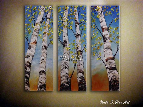 Birch Tree Painting Triptych Wall Art Tall Tree Painting Colorful