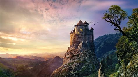 Download Sunset Landscape Mountain Fantasy Castle 4k Ultra Hd Wallpaper