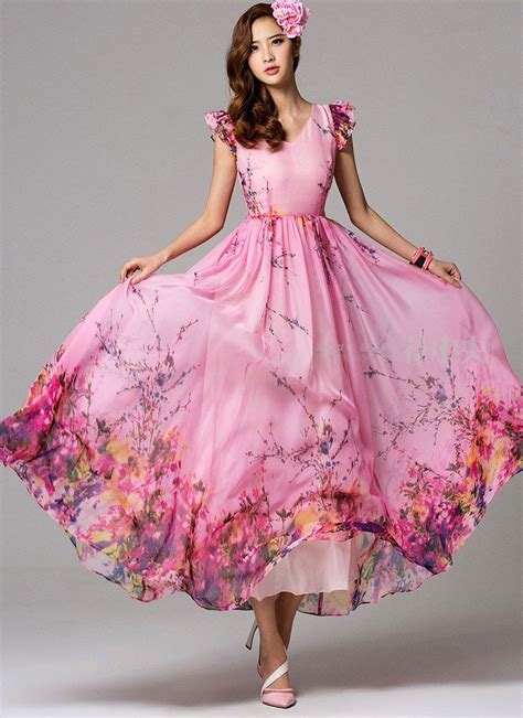 V Neck Pink Floral Maxi Dress With Modified Flutter Sleeves Floral