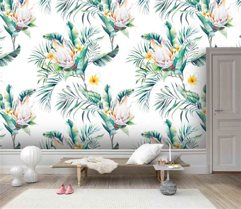 1 3d White Background Tropical Plants Flowers Wall Mural Wallpaper