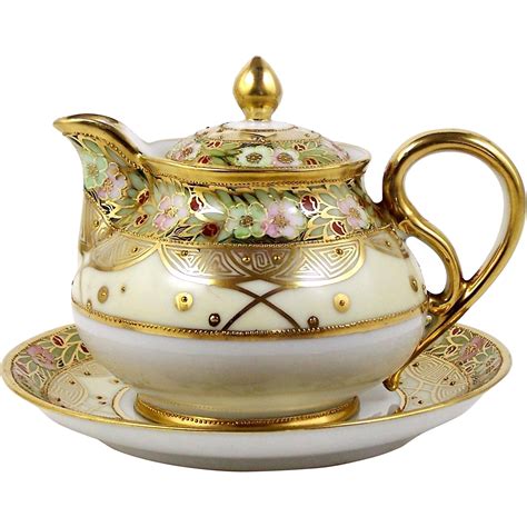 Noritake Nippon Individual Personal Teapot And Plate Hand Painted Flowers Heavy Gold Trim Tea