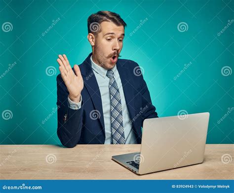 Sad Young Man Working On Laptop At Desk Stock Image Image Of