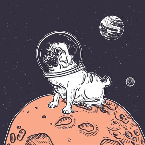 Pug Astronaut Is Sitting On A Red Planet In Space Stock Vector