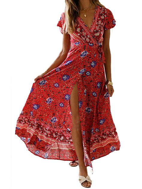 Focusnorm Focusnorm Womens Summer Short Sleeve Floral Print Maxi