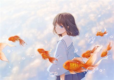 Wallpaper Anime Girls Blue Eyes Short Hair Brunette Fish Clouds