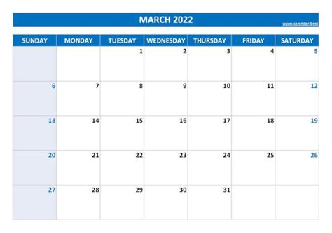 Calendar 2022 Printable March
