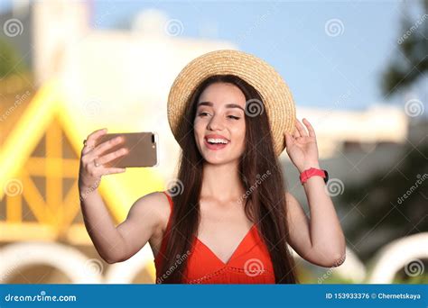 Happy Young Woman Taking Selfie On Sunny Day Stock Photo Image Of