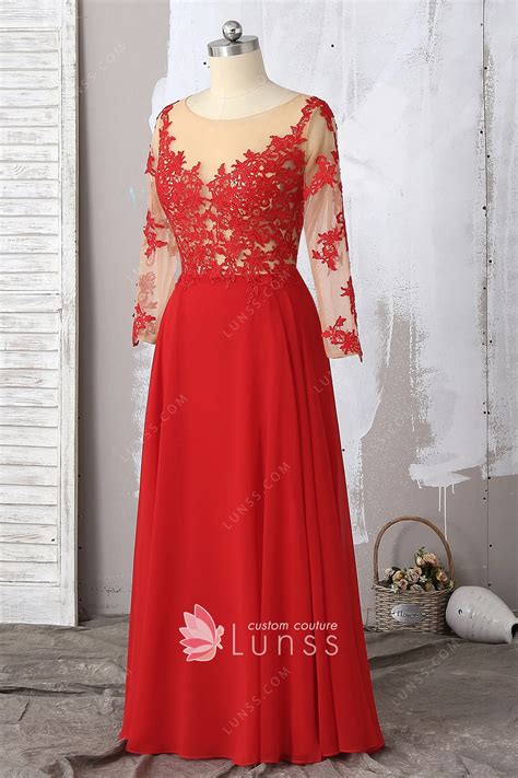 fancy red sheer long sleeve lace chiffon long prom dress lunss