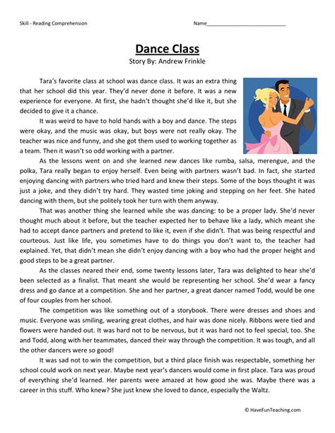 Reading Comprehension Worksheet - Dance Class