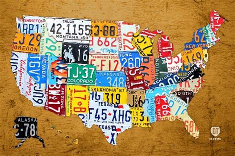 License Plate Map Of The Usa On Vintage Burnt Orange Wood Slab Mixed