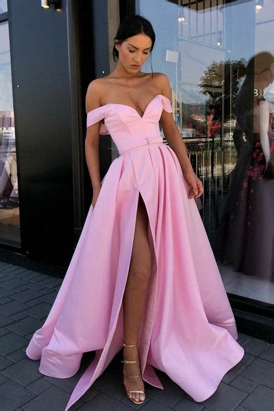 Off The Shoulder Pink Satin Long Prom Gown With High Thigh Slit Loveangeldress