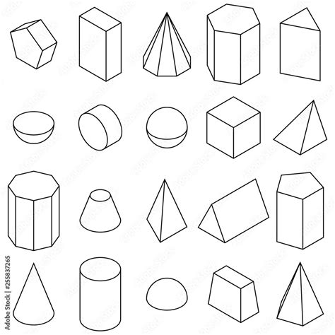 Set Of 3d Geometric Shapes Isometric Views Outline Vector