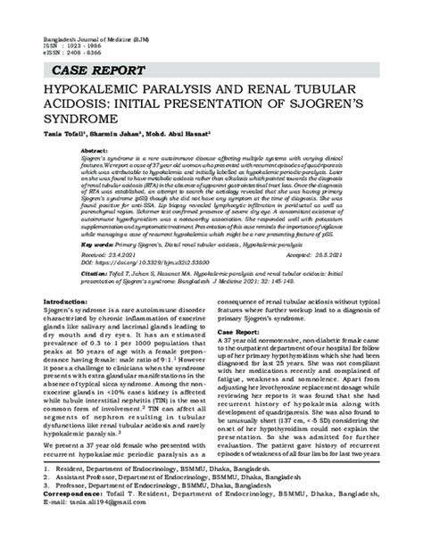 Pdf Hypokalemic Paralysis And Renal Tubular Acidosis Initial