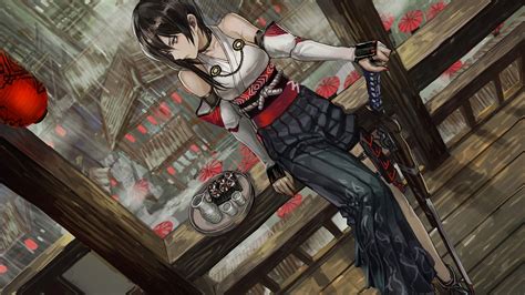 Wallpaper Gun Anime Girls Weapon Lantern Black Hair Sword