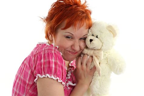 woman with teddy bear stock image image of hair isolated 7561647