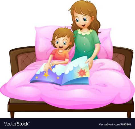 Mother Telling Bedtime Story To Kid In Bed Vector Image