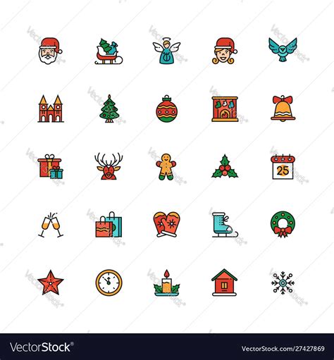 December Holiday Symbols Colorful Linear Icons Set