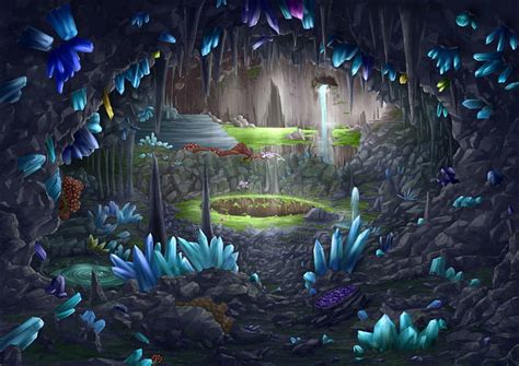 Hd Wallpaper Anime Original Cave Crystal Mushroom Waterfall