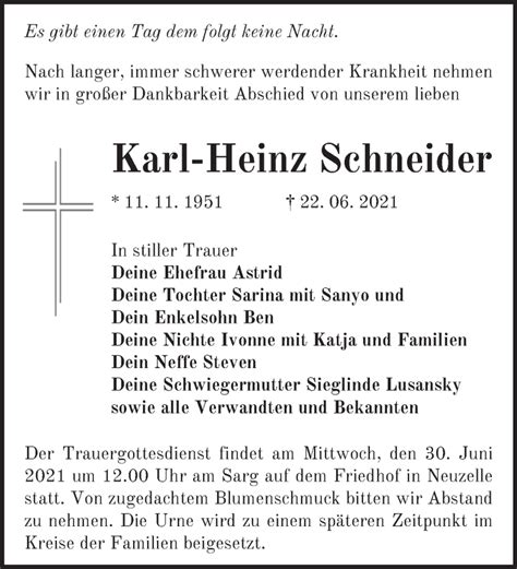 Traueranzeigen Von Karl Heinz Schneider Märkische Onlinezeitung