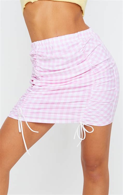 Pink Gingham Ruched Detail Mini Skirt Prettylittlething