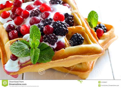 Belgian Waffles With Yogurt And Berries Stock Image Image Of Fruit