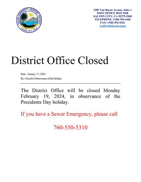 District Office Will Be Closed Salton Community Services District