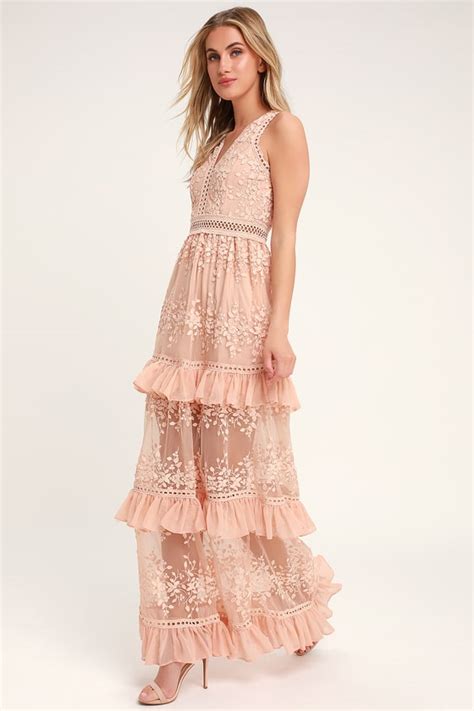 lovely embroidered maxi tiered maxi dress blush maxi dress lulus