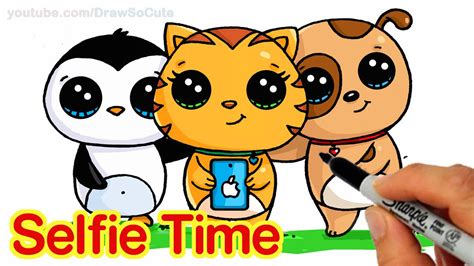 How to draw a super cute kawaii panda bear napping with easy step by step drawing tutorial for kids & beginners. Selfie Time! - EASY How to Draw Penguin, Cat and Dog ...