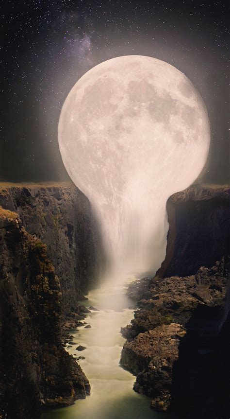 Wallpaper Moon Waterfall Fantasy Art Vertical Surreal 1073x1952