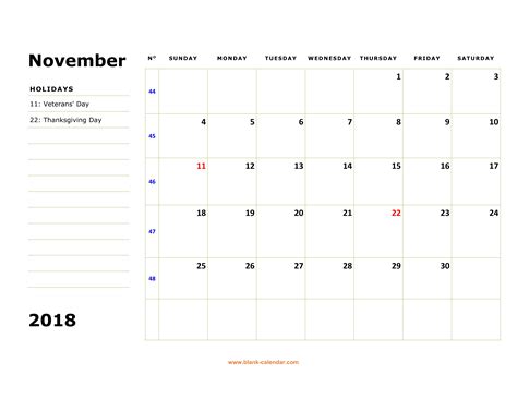 Free Download Printable November 2018 Calendar Large Box Holidays