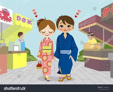 Yukata Couple Japanese Summer Festival Stock Vektorgrafik Lizenzfrei