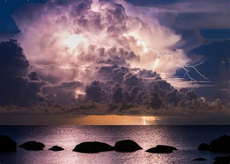 Hd Wallpaper Blue Sea Lightning Rock Storm Clouds Night Nature