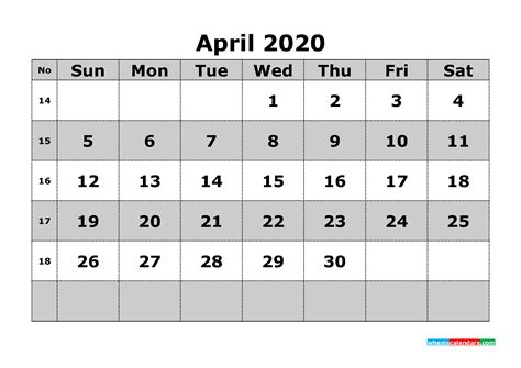 Printable April 2020 Calendar Template Word Pdf