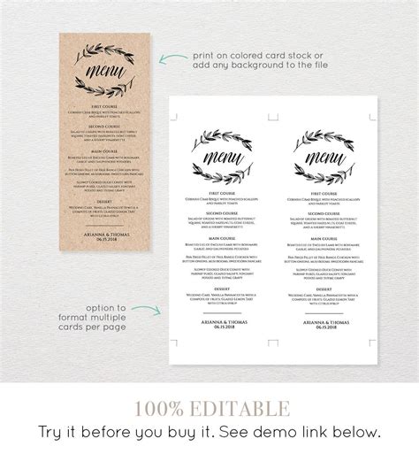 Rustic Wedding Menu Template Printable Menu Card Editable Template