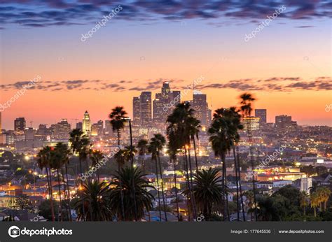 Beautiful Sunset Los Angeles Downtown Skyline Palm Trees Foreground