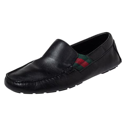 Gucci Black Leather Web Detail Praga Slip On Loafers Size 415 For Sale