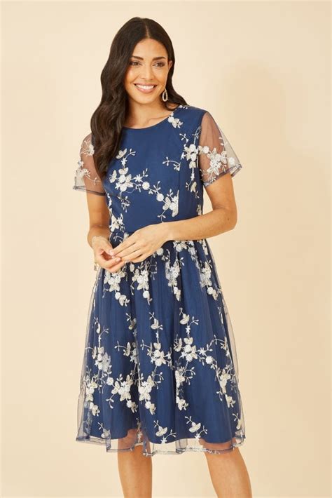 Yumi Navy Embroidered Floral Skater Dress Yumi