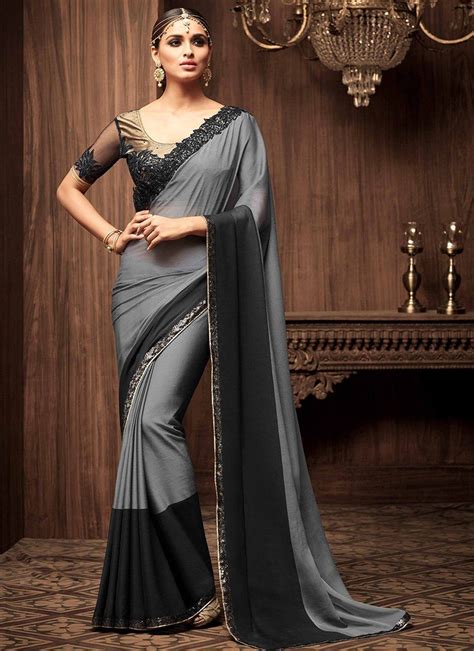 Black And Grey Embroidered Silk Saree Saree Designs Party Wear Grey