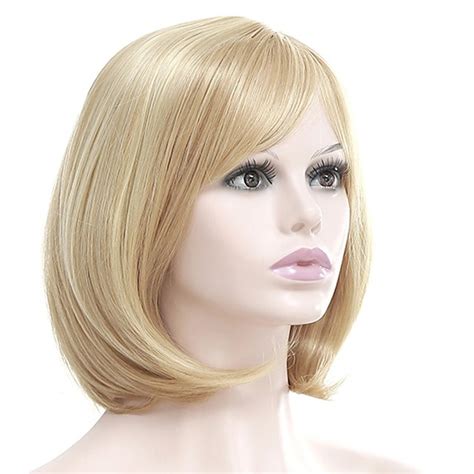 Synthetic Wig Bangs Kinky Straight Bob Middle Part Wig Blonde Short
