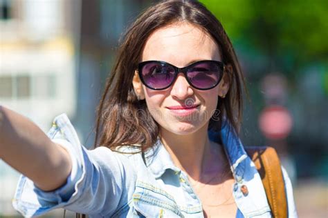 Young Woman Tourist Taking Self Portrait Selfie Stock Image Image Of