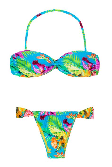 Twisted Bandeau Bikini With Tropical Flowers Tropical Blue Tomara Que