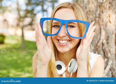 Woman Holding Wooden Nerd Glasses Stock Photo Image Of Amblyopia