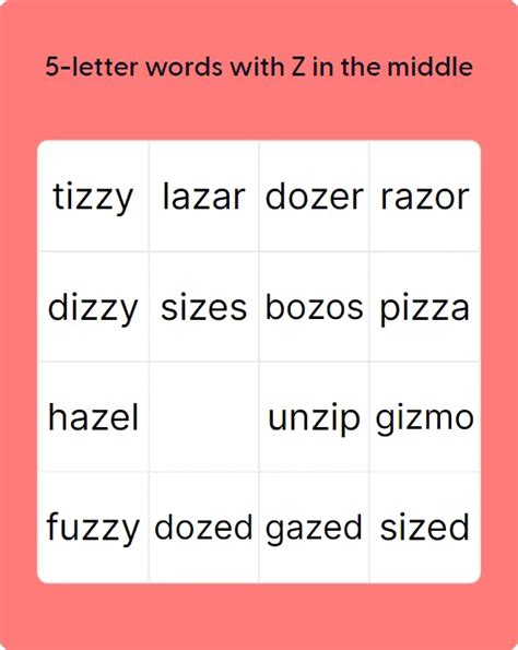 5 Letter Words With Z In The Middle Bingo Card Creator