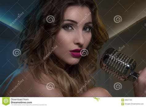Naked Woman With Retro Mic Stock Image Image Of Holding 68627193