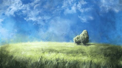 1920x1080 1920x1080 Clouds Nature Birds Grass Art Trees Field Sky Coolwallpapers Me