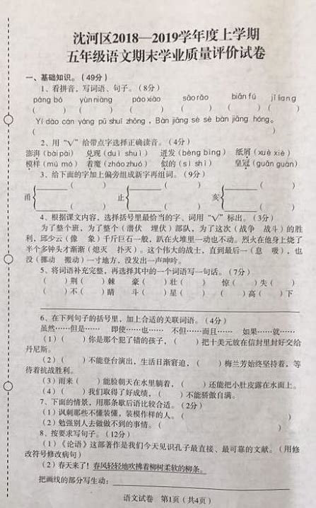 2019沈阳市沈河区五年级上册语文期末试卷（下载版）五年级语文期末上册奥数网