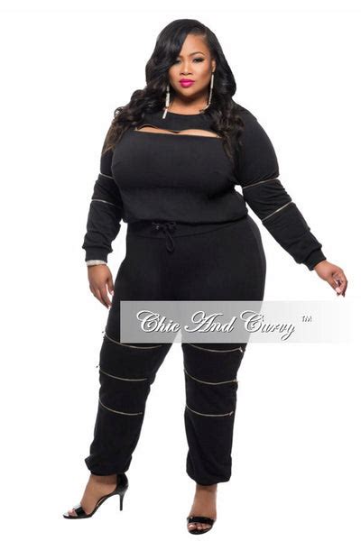 New Plus Size 2 Piece Top And Pant Set With Zipper Details In Black Chic And Curvy