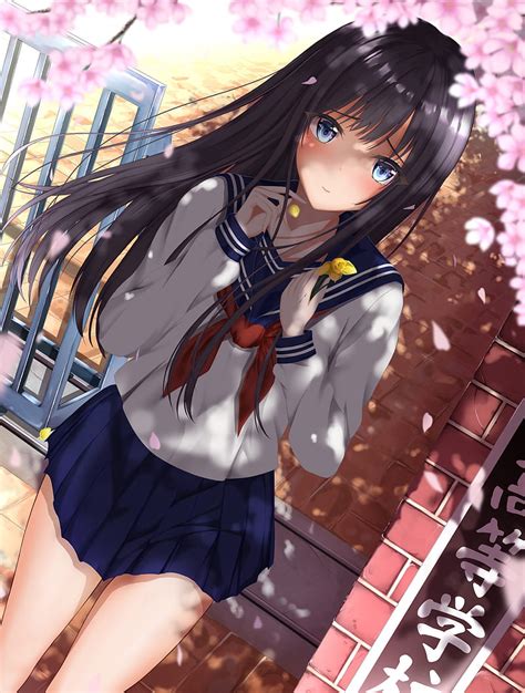 Girl Schoolgirl Petals Anime Hd Phone Wallpaper Peakpx
