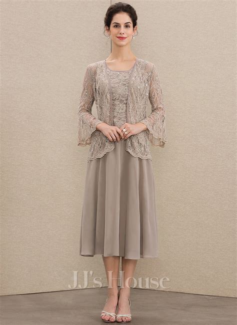 A Line Scoop Tea Length Chiffon Lace Mother Of The Bride Dress With