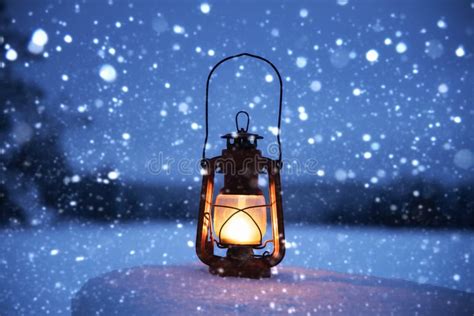 Christmas Lantern In Magic Winter Evening Snowy Forest Stock Image
